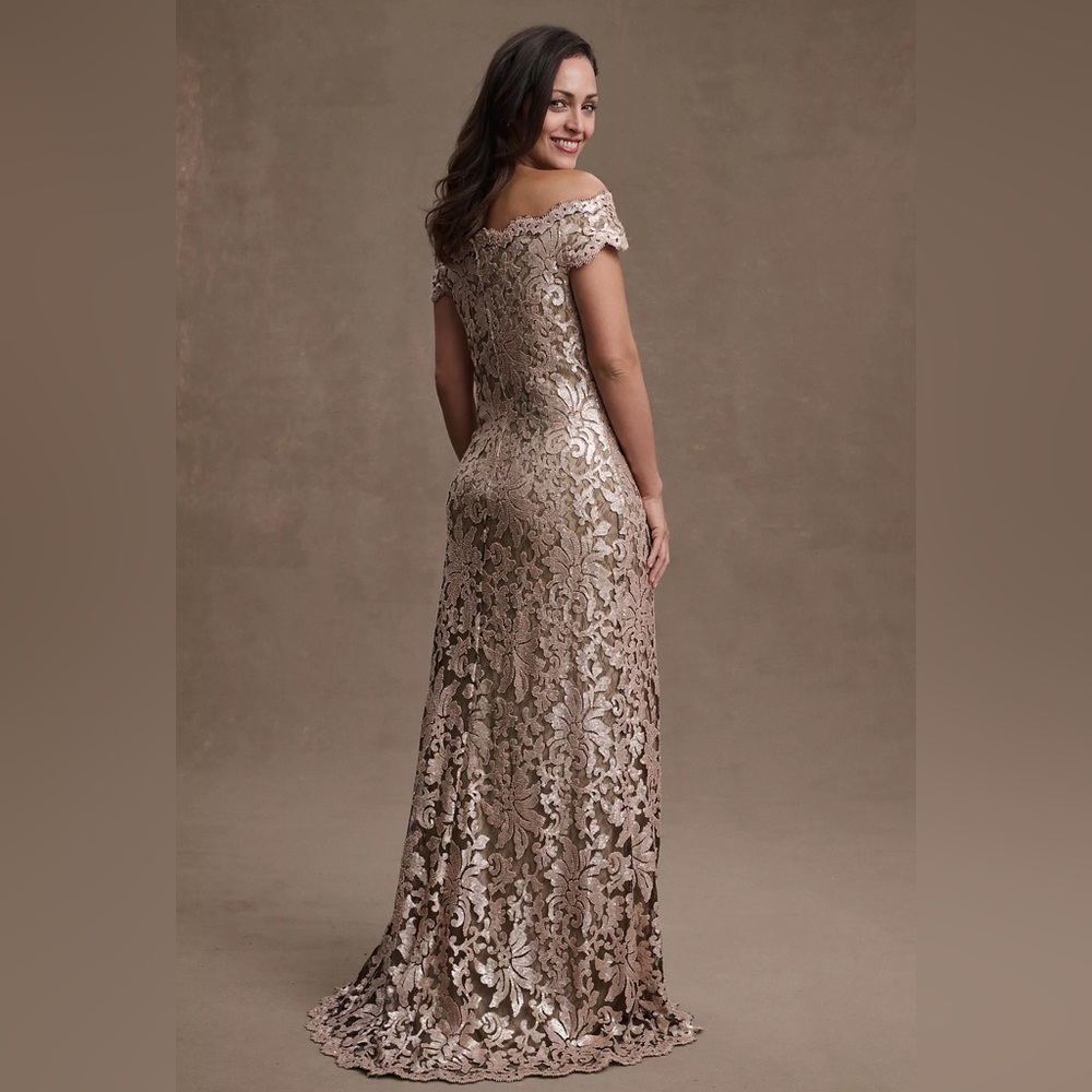 BHLDN Tadashi Shoji Odette Gold Sequin Boatneck Lace Overlay Full Length Dress - Picture 3 of 8